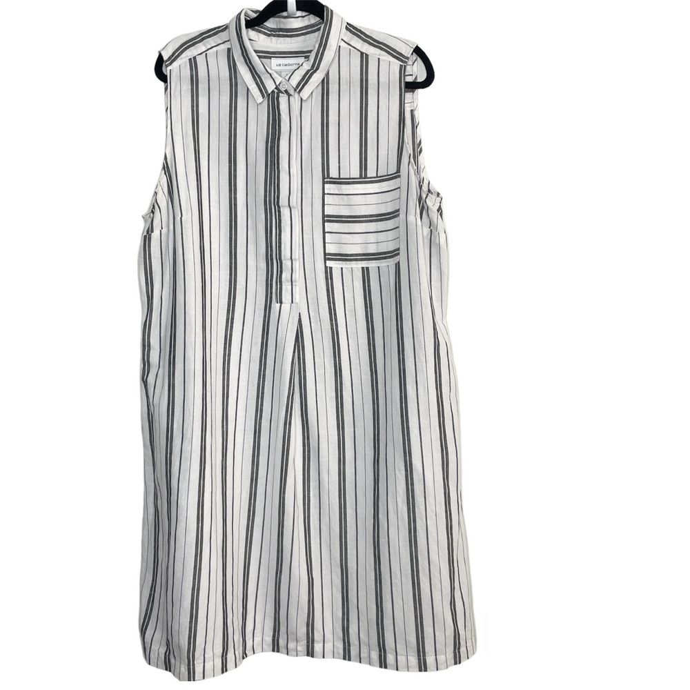 Liz Claiborne Black and White Striped Linen Blend Sleeveless Dress With Pockets